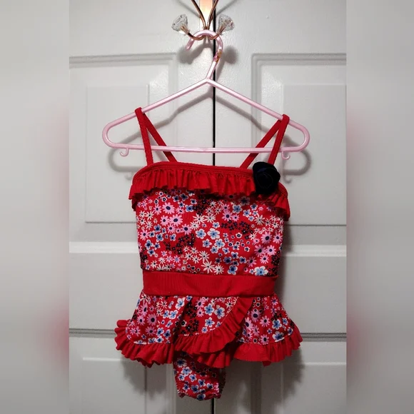 Lily & Dan Red Floral Bathing suit 2T - Picture 2 of 6